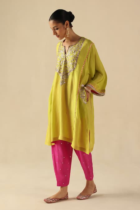 Begum_Green Silk Sequins, Embroidery Notched Neck Parizad Kurta Pant Set _at_Aza_Fashions