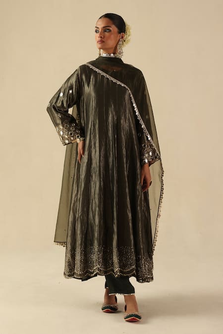 Begum Olive Green Silk, Organza Mirrors, Beads Round Neck Afsana Kalidar Kurta Set