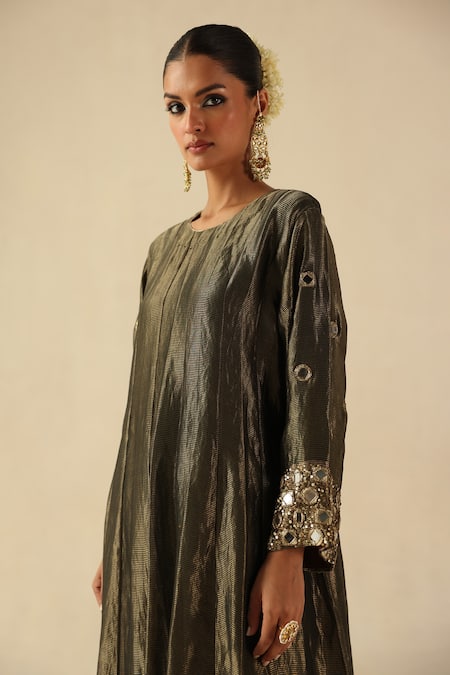 Buy_Begum_Olive Green Silk, Organza Mirrors, Beads Round Neck Afsana Kalidar Kurta Set _Online_at_Aza_Fashions