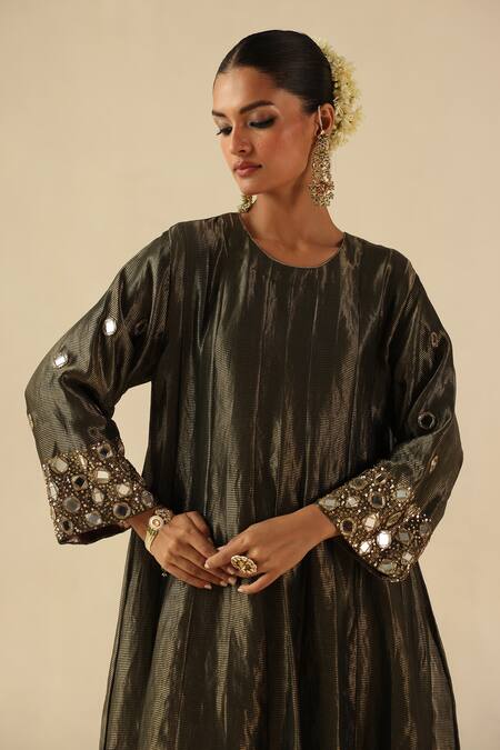 Begum_Olive Green Silk, Organza Mirrors, Beads Round Neck Afsana Kalidar Kurta Set _at_Aza_Fashions