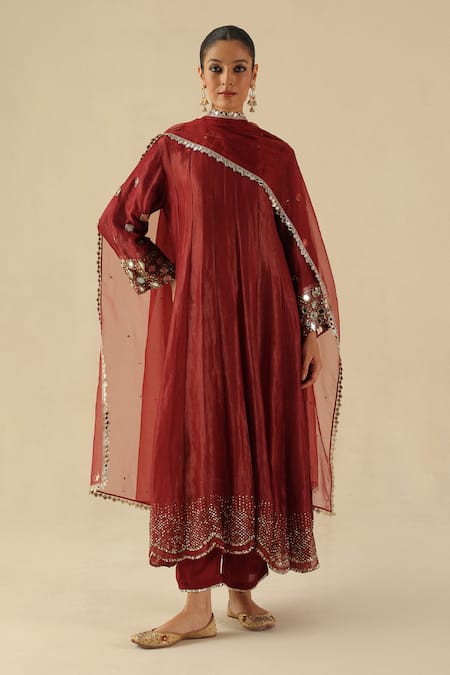 Begum Red Silk, Organza Embroidery Round Neck Afsana Kalidar Kurta Set 