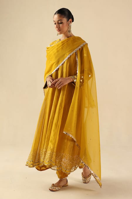 Begum_Yellow Silk, Organza Embroidery, Sequins Round Neck Afsana Kalidar Kurta Set _Online_at_Aza_Fashions