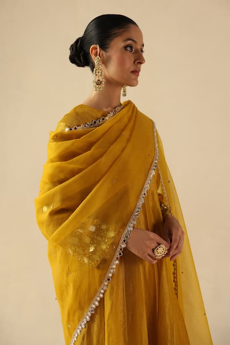 Buy_Begum_Yellow Silk, Organza Embroidery, Sequins Round Neck Afsana Kalidar Kurta Set _Online_at_Aza_Fashions