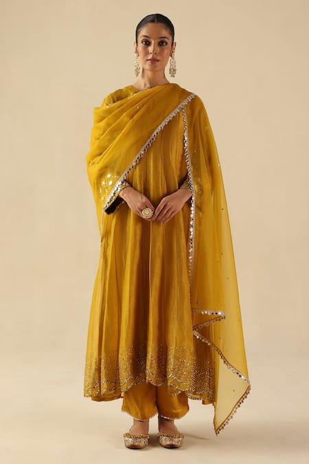 Begum Yellow Silk, Organza Embroidery, Sequins Round Neck Afsana Kalidar Kurta Set 
