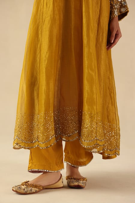 Shop_Begum_Yellow Silk, Organza Embroidery, Sequins Round Neck Afsana Kalidar Kurta Set _Online_at_Aza_Fashions