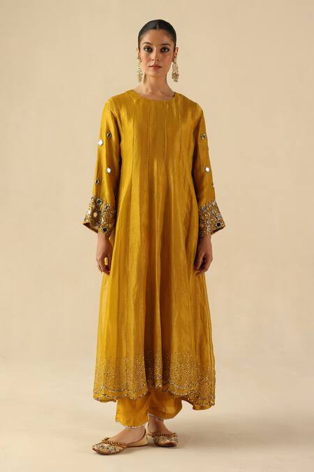Begum_Yellow Silk, Organza Embroidery, Sequins Round Neck Afsana Kalidar Kurta Set _at_Aza_Fashions
