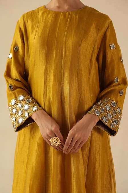 Buy_Begum_Yellow Silk, Organza Embroidery, Sequins Round Neck Afsana Kalidar Kurta Set 