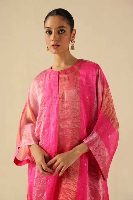Buy_Begum_Fuchsia Tissue, Silk Sequins Round Neck Tabeer Kurta Pant Set _Online_at_Aza_Fashions