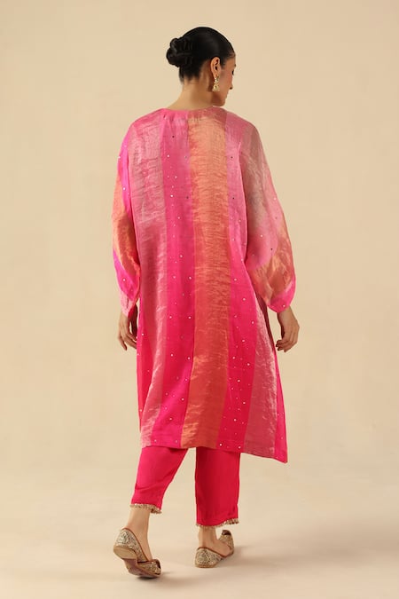 Shop Begum Fuchsia Tissue, Silk Sequins Round Neck Tabeer Kurta Pant Set at Aza Fashions Shop_Begum_Fuchsia Tissue, Silk Sequins Round Neck Tabeer Kurta Pant Set _at_Aza_Fashions
