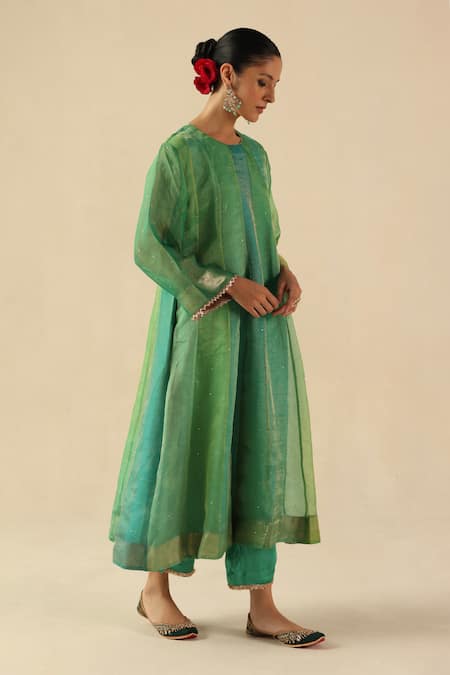 Begum Turquoise Organza, Modal, Silk Embroidery Round Neck Rimjhim Kurta Pant Set Online at Aza Fashions Begum_Turquoise Organza, Modal, Silk Embroidery Round Neck Rimjhim Kurta Pant Set _Online_at_Aza_Fashions
