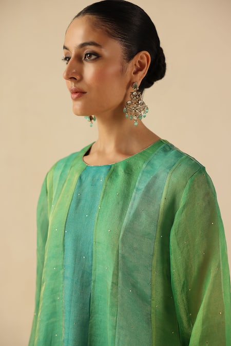 Buy_Begum_Turquoise Organza, Modal, Silk Embroidery Round Neck Rimjhim Kurta Pant Set _Online_at_Aza_Fashions