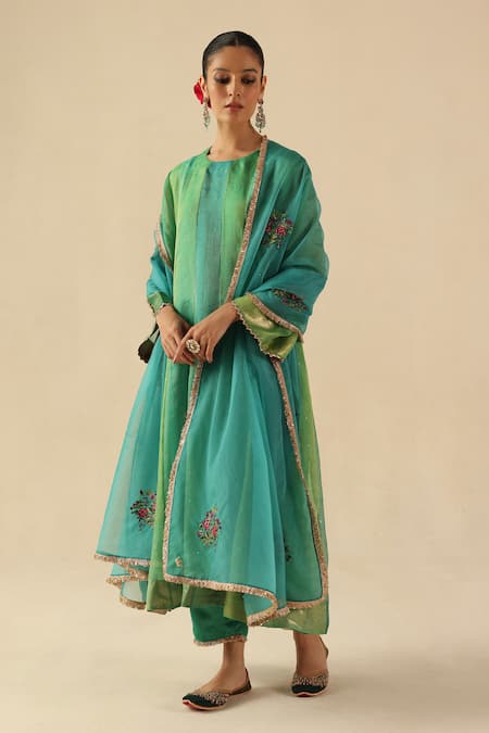 Shop Begum Turquoise Organza, Modal, Silk Embroidery Round Neck Rimjhim Kurta Pant Set Online at Aza Fashions Shop_Begum_Turquoise Organza, Modal, Silk Embroidery Round Neck Rimjhim Kurta Pant Set _Online_at_Aza_Fashions