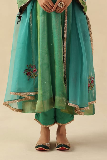 Begum Turquoise Organza, Modal, Silk Embroidery Round Neck Rimjhim Kurta Pant Set at Aza Fashions Begum_Turquoise Organza, Modal, Silk Embroidery Round Neck Rimjhim Kurta Pant Set _at_Aza_Fashions