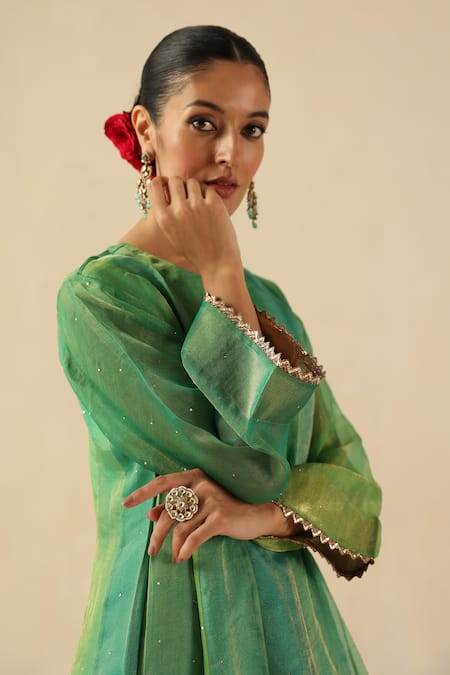 Buy Begum Turquoise Organza, Modal, Silk Embroidery Round Neck Rimjhim Kurta Pant Set Buy_Begum_Turquoise Organza, Modal, Silk Embroidery Round Neck Rimjhim Kurta Pant Set