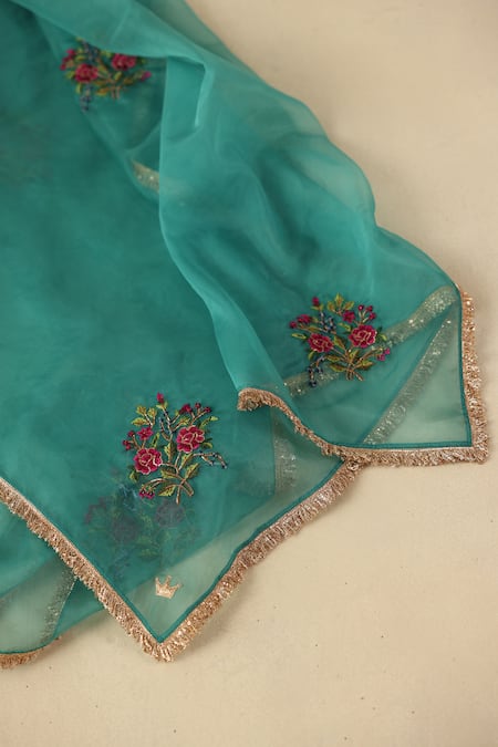 Shop_Begum_Turquoise Organza, Modal, Silk Embroidery Round Neck Rimjhim Kurta Pant Set 