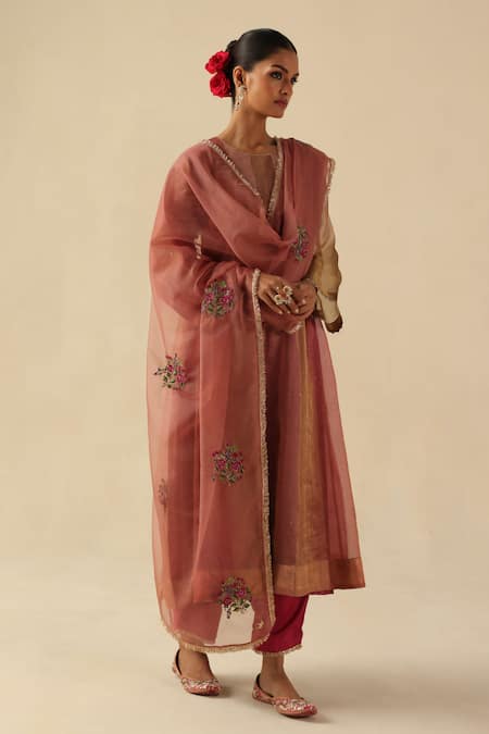 Begum_Peach Organza, Silk, Modal Embroidery Round Neck Rimjhim Kurta Pant Set _Online_at_Aza_Fashions