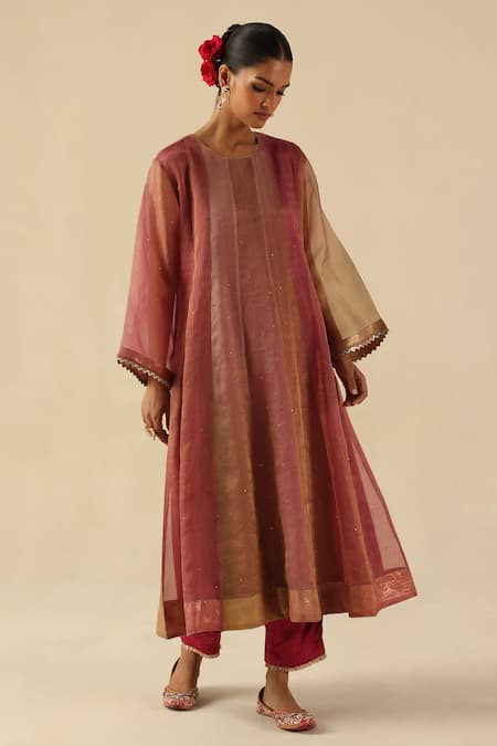 Shop_Begum_Peach Organza, Silk, Modal Embroidery Round Neck Rimjhim Kurta Pant Set _Online_at_Aza_Fashions