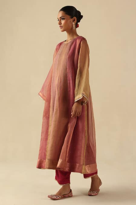Begum_Peach Organza, Silk, Modal Embroidery Round Neck Rimjhim Kurta Pant Set _at_Aza_Fashions