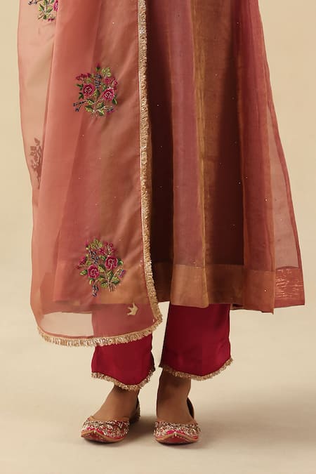 Buy_Begum_Peach Organza, Silk, Modal Embroidery Round Neck Rimjhim Kurta Pant Set 