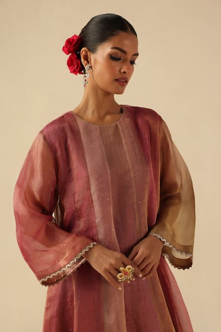 Shop_Begum_Peach Organza, Silk, Modal Embroidery Round Neck Rimjhim Kurta Pant Set 