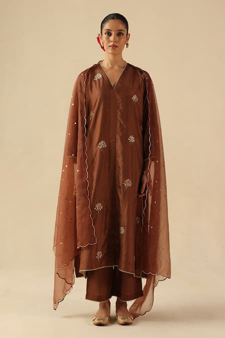 Begum Brown Silk, Organza Embroidery, Sequins V-neck Kohinoor Kurta Pant Set 