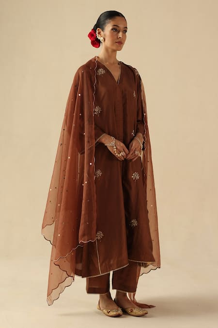 Begum_Brown Silk, Organza Embroidery, Sequins V-neck Kohinoor Kurta Pant Set _Online_at_Aza_Fashions