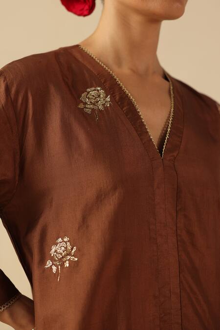 Begum_Brown Silk, Organza Embroidery, Sequins V-neck Kohinoor Kurta Pant Set _at_Aza_Fashions