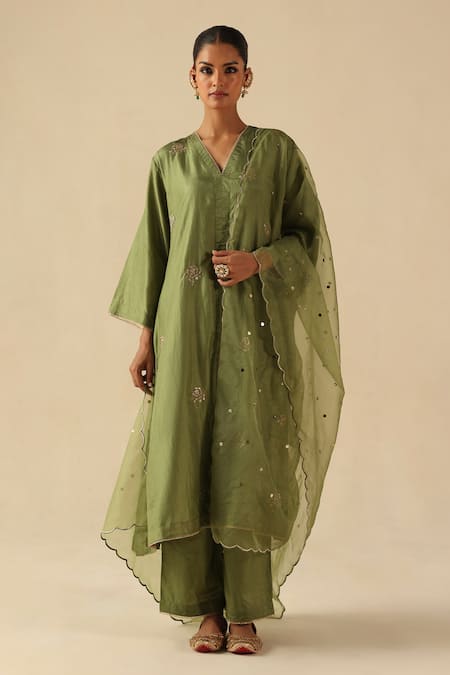 Begum Green Silk, Hemp, Organza Embroidery, Sequins V-neck Kohinoor Kurta Pant Set