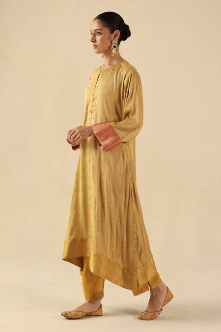 Begum Gold Silk Round Neck Gauhar Kurta Pant Set Online at Aza Fashions Begum_Gold Silk Round Neck Gauhar Kurta Pant Set _Online_at_Aza_Fashions