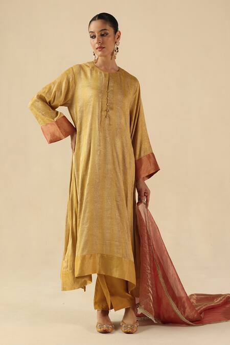 Begum Gold Silk Round Neck Gauhar Kurta Pant Set at Aza Fashions Begum_Gold Silk Round Neck Gauhar Kurta Pant Set _at_Aza_Fashions