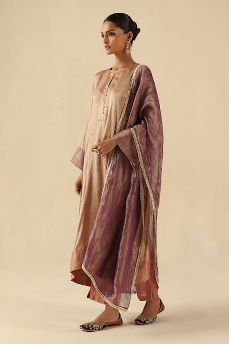 Begum_Rose Gold Silk, Tissue Round Neck Gauhar Kurta Pant Set _Online_at_Aza_Fashions