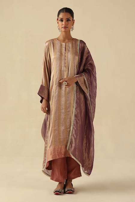 Begum Rose Gold Silk, Tissue Round Neck Gauhar Kurta Pant Set