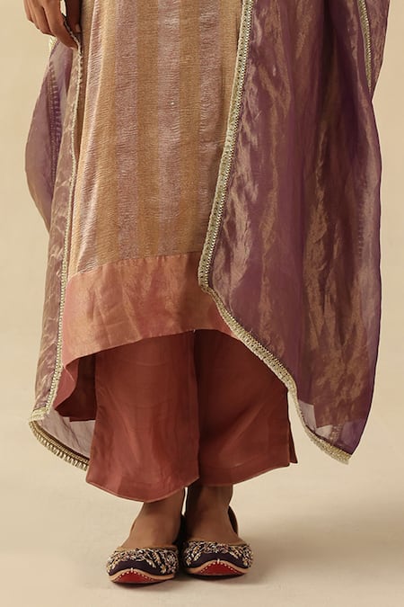 Buy_Begum_Rose Gold Silk, Tissue Round Neck Gauhar Kurta Pant Set _Online_at_Aza_Fashions