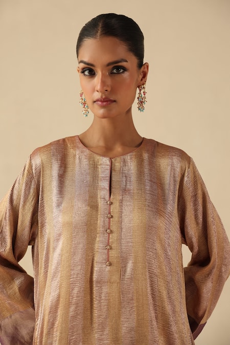 Shop_Begum_Rose Gold Silk, Tissue Round Neck Gauhar Kurta Pant Set _Online_at_Aza_Fashions