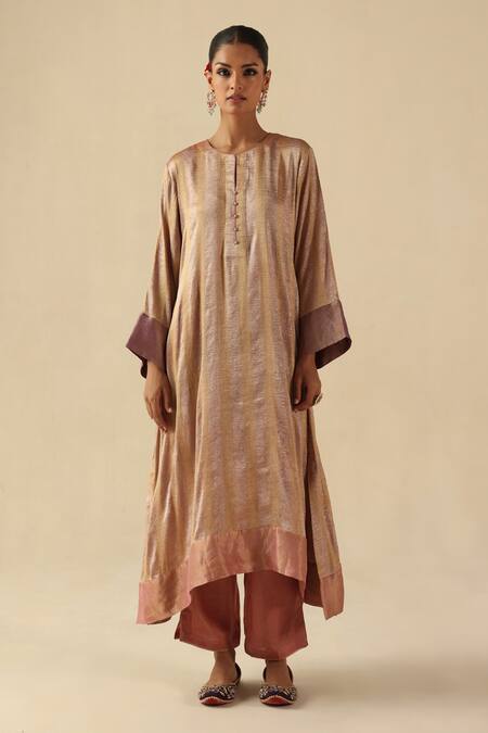 Begum_Rose Gold Silk, Tissue Round Neck Gauhar Kurta Pant Set _at_Aza_Fashions