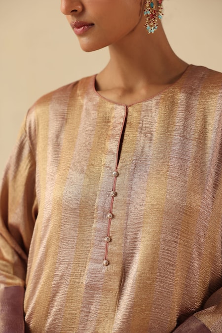 Shop_Begum_Rose Gold Silk, Tissue Round Neck Gauhar Kurta Pant Set 
