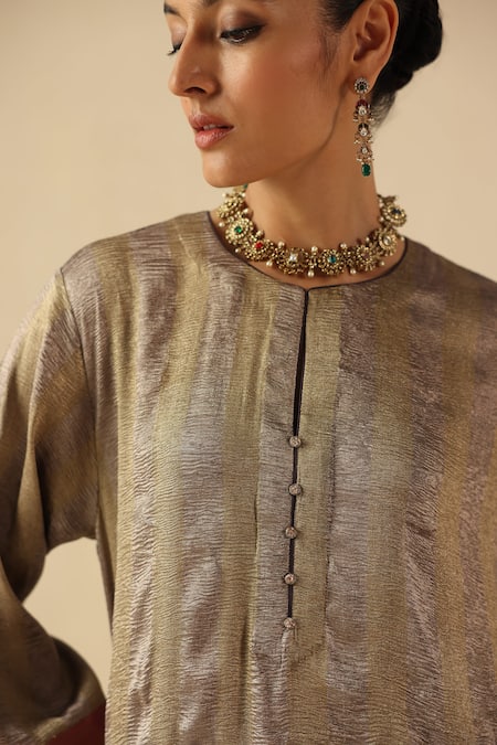 Shop_Begum_Silver Silk, Tissue Zari Round Neck Gauhar Kurta Pant Set 