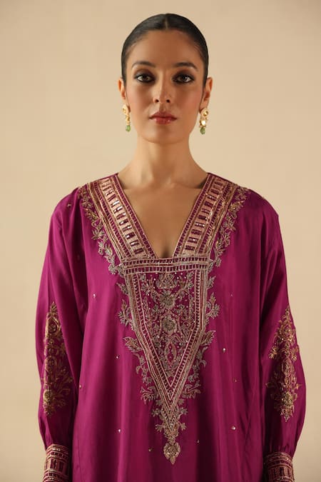 Buy Begum Magenta Silk Sequins, Embroidery V-neck Saaz Phiran Kurta With Pant Online at Aza Fashions Buy_Begum_Magenta Silk Sequins, Embroidery V-neck Saaz Phiran Kurta With Pant _Online_at_Aza_Fashions
