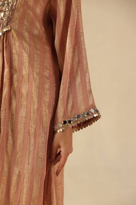 Begum_Peach Silk, Organza Mirrors, Sequins Round Neck Naksh Kurta Pant Set _at_Aza_Fashions