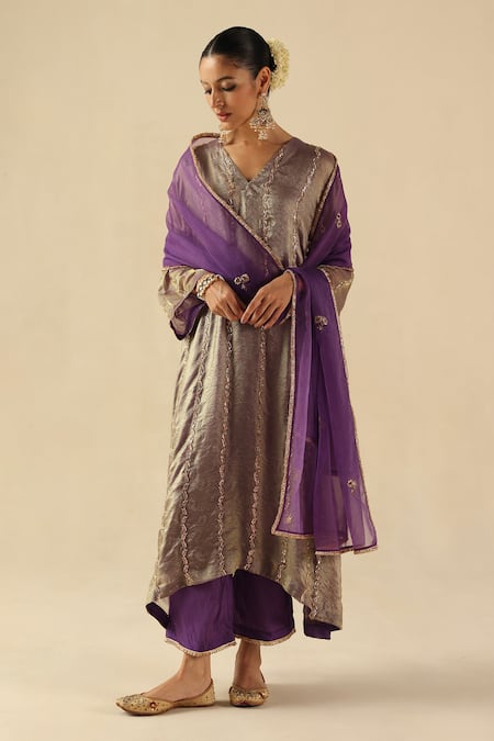 Begum_Purple Tissue, Silk, Organza Embroidery V-neck Jhoomar Kurta Pant Set _Online_at_Aza_Fashions