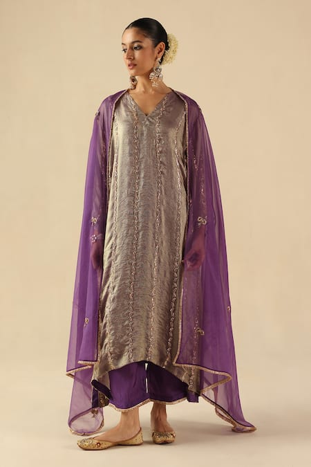 Begum Purple Tissue, Silk, Organza Embroidery V-neck Jhoomar Kurta Pant Set 
