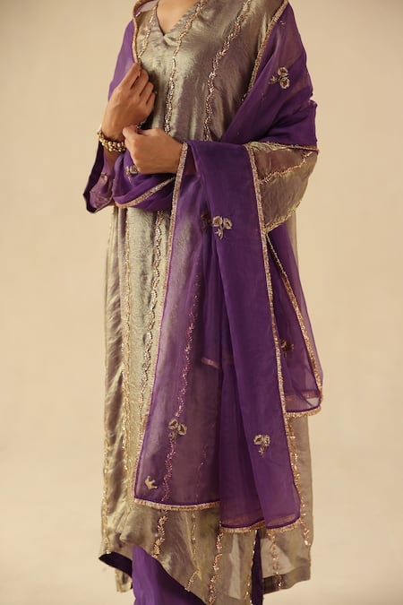 Shop_Begum_Purple Tissue, Silk, Organza Embroidery V-neck Jhoomar Kurta Pant Set _Online_at_Aza_Fashions