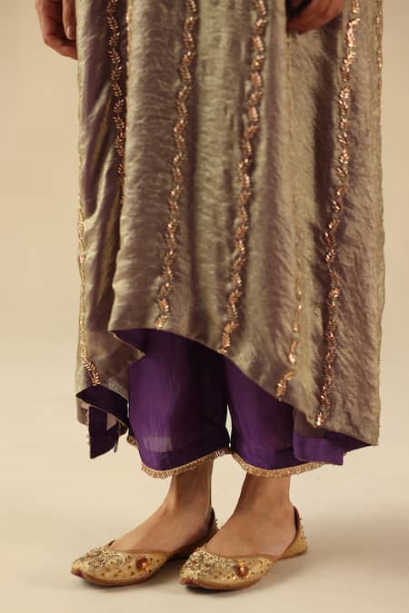 Begum_Purple Tissue, Silk, Organza Embroidery V-neck Jhoomar Kurta Pant Set _at_Aza_Fashions