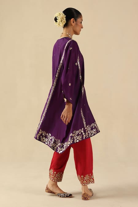 Begum Purple Silk, Organza Sequins, Embroidery Split V-neck Arzoo Kurta Pant Set Online at Aza Fashions Begum_Purple Silk, Organza Sequins, Embroidery Split V-neck Arzoo Kurta Pant Set _Online_at_Aza_Fashions