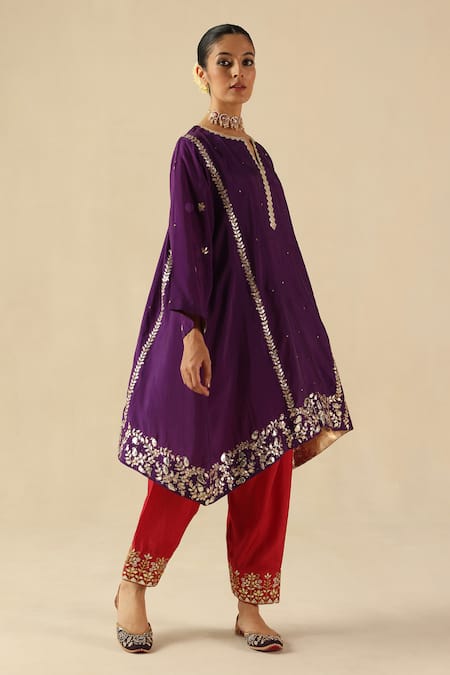 Shop Begum Purple Silk, Organza Sequins, Embroidery Split V-neck Arzoo Kurta Pant Set Online at Aza Fashions Shop_Begum_Purple Silk, Organza Sequins, Embroidery Split V-neck Arzoo Kurta Pant Set _Online_at_Aza_Fashions