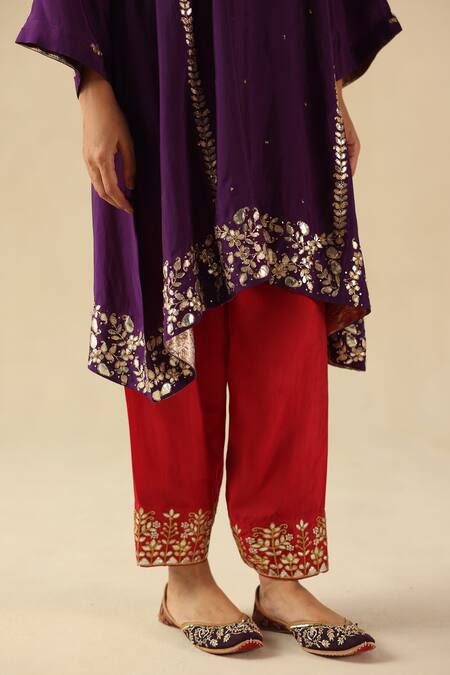 Begum_Purple Silk, Organza Sequins, Embroidery Split V-neck Arzoo Kurta Pant Set _at_Aza_Fashions