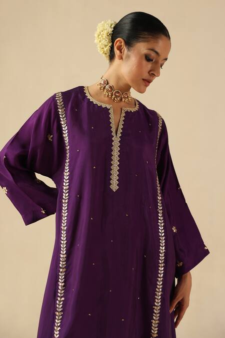 Buy Begum Purple Silk, Organza Sequins, Embroidery Split V-neck Arzoo Kurta Pant Set Buy_Begum_Purple Silk, Organza Sequins, Embroidery Split V-neck Arzoo Kurta Pant Set