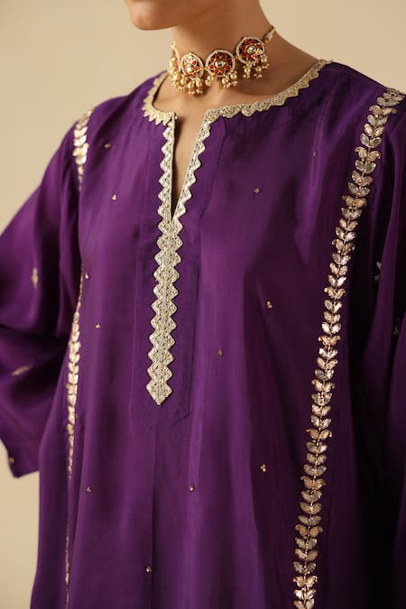Shop_Begum_Purple Silk, Organza Sequins, Embroidery Split V-neck Arzoo Kurta Pant Set 
