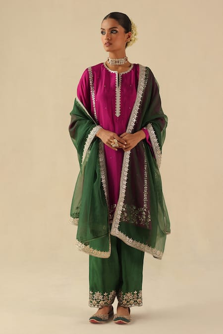 Begum Fuchsia Silk, Organza Embroidery, Sequins Round Neck Arzoo Kurta Pant Set