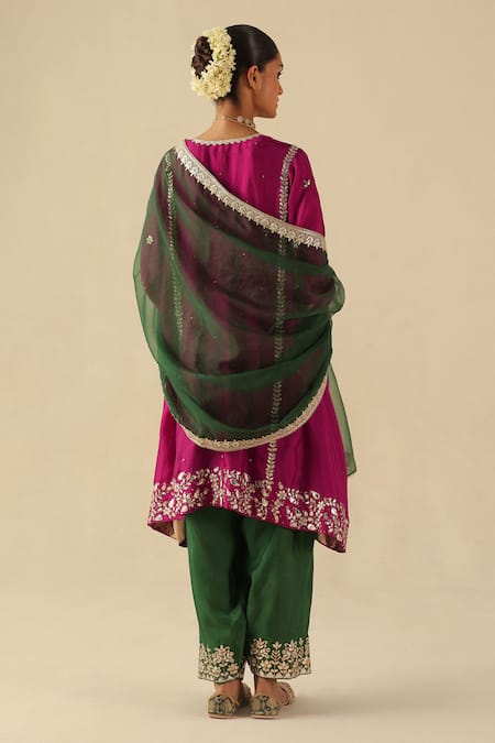 Shop Begum Fuchsia Silk, Organza Embroidery, Sequins Round Neck Arzoo Kurta Pant Set at Aza Fashions Shop_Begum_Fuchsia Silk, Organza Embroidery, Sequins Round Neck Arzoo Kurta Pant Set _at_Aza_Fashions